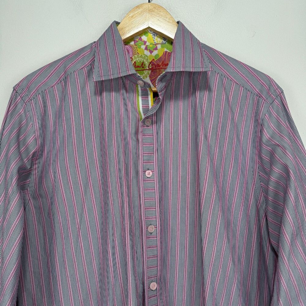 Robert Graham Flip Cuff Button Shirt Men Medium Gray Pink Striped Cotton Floral - Picture 2 of 11